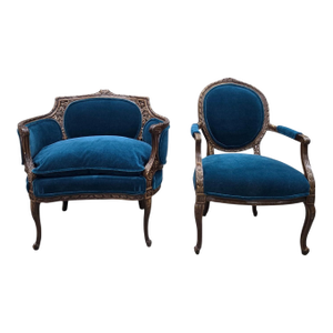 Antique French Louis XV and Louis XVI Style Armchairs Newly Upholstered – Set of 2