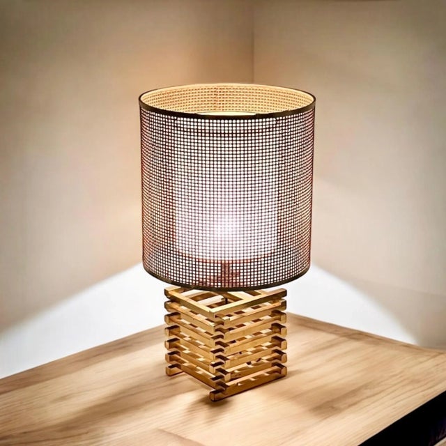 Rare and beautiful 60s vintage table lamp 'Spiga' with heavy brass base and large wicker lampshade designed by Enrico...