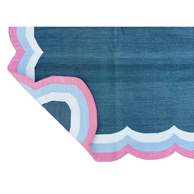 Casa Cosima Handmade Cotton 4 Sided Scalloped Rug Celadon Blue With Cream and Pink Border - 8'x10' For Sale - Image 4 of 10