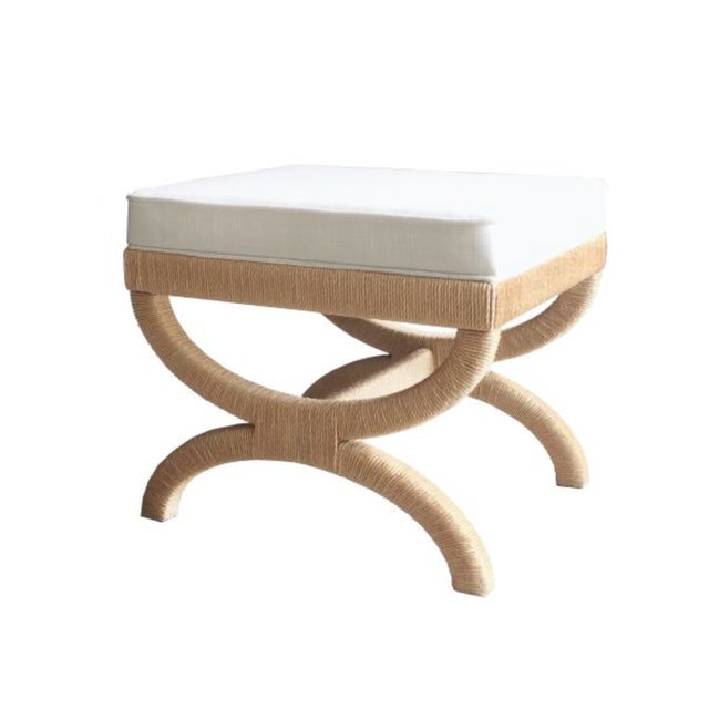 2020s Matthew Izzo Home Xanadu Neoclassical Stool With Natural Rope and Performance Linen Cushion For Sale - Image 5 of 5