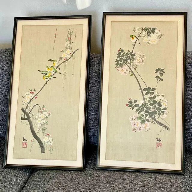 Mid-Century Japanese Watercolors on Silk, Artist Signed, Framed, Pair For Sale - Image 12 of 12