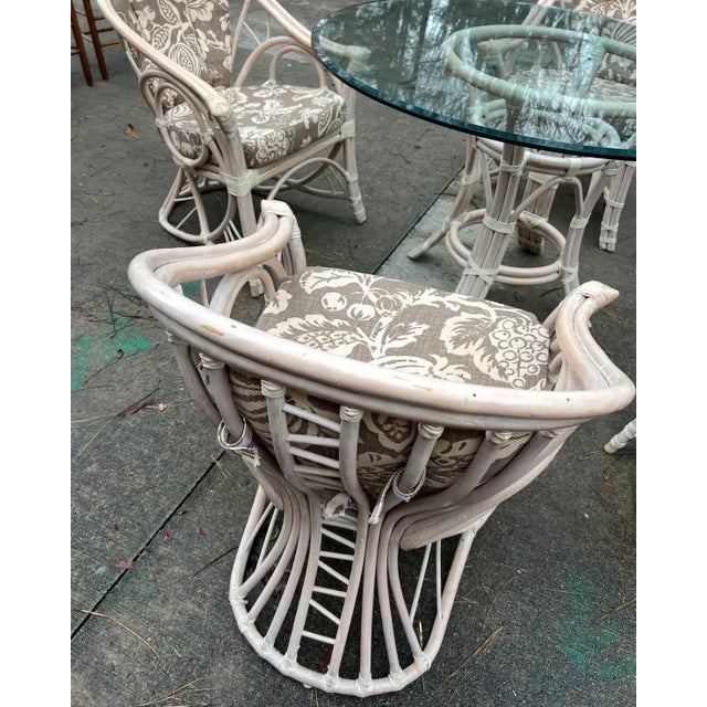 Wood 1970s Palm Beach Collection Corset Back Looped Arms Ficks Reed Style Dining Set With Glass Top For Sale - Image 7 of 10