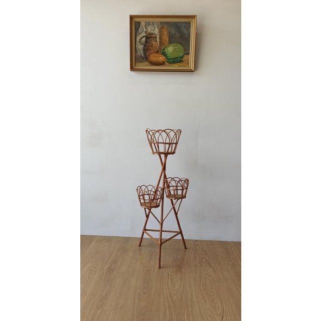 Wood Wicker Plant Stand, 1960s For Sale - Image 7 of 9