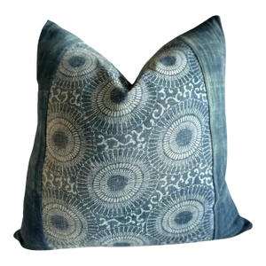 Batik Style Vintage Blue and Gray Floral Pattern Pillow