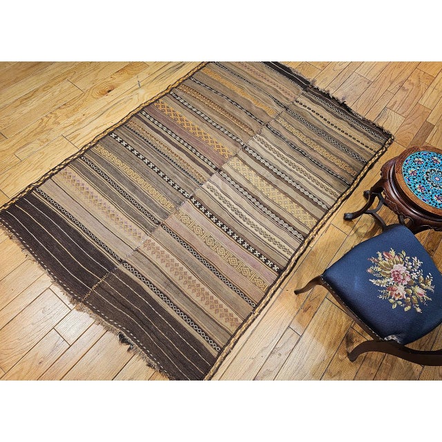 Antique Uzbek Tribal Soumak Kilim, Flat-Woven Wool, Stripe Pattern, Earth Tones, 5x8 For Sale - Image 14 of 14