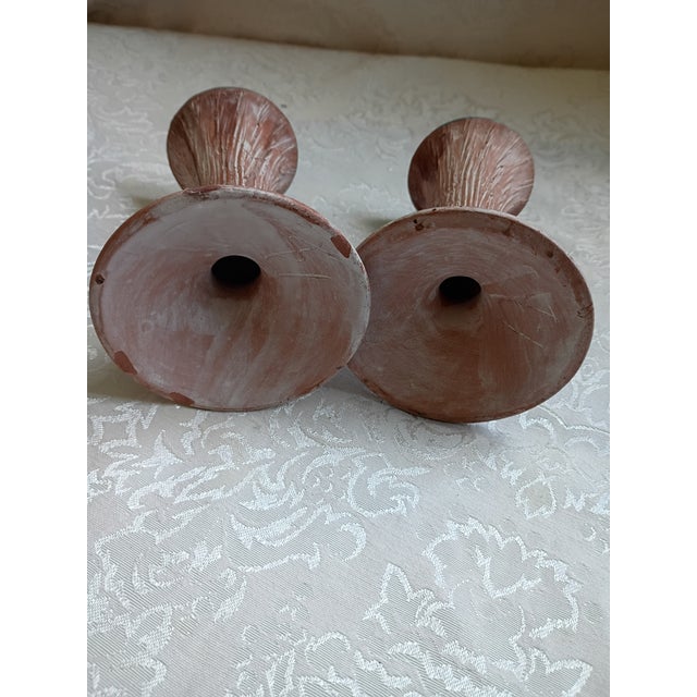 Vintage Mid-Century Faux Bois Ceramic Candle Holders With Teal Glazed Rims - A Pair For Sale - Image 4 of 10