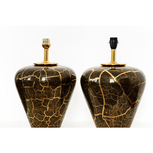 Baluster Shaped Table Lamps in Glazed Black and Gold Ceramic, Set of 2 For Sale - Image 5 of 18