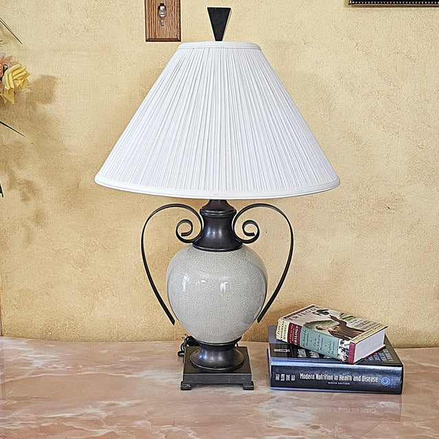 Ashley Gavivi Style Crackle-Glaze Ceramic Urn & Bronze Scroll Table Lamp For Sale - Image 18 of 18