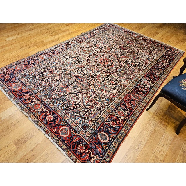Ivory Vintage Heriz Serapi Rug, Hand-Knotted Wool, Allover Geometric Pattern, Ivory & Red, 7x10 For Sale - Image 8 of 18