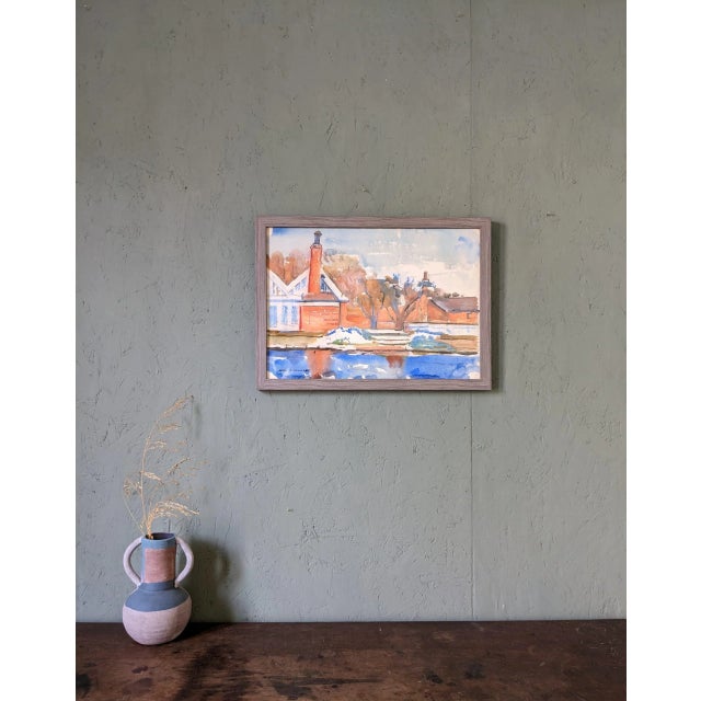 Mid-Century Modern Swedish "The Waterway" Vintage Landscape Watercolour Painting, Framed For Sale - Image 6 of 10