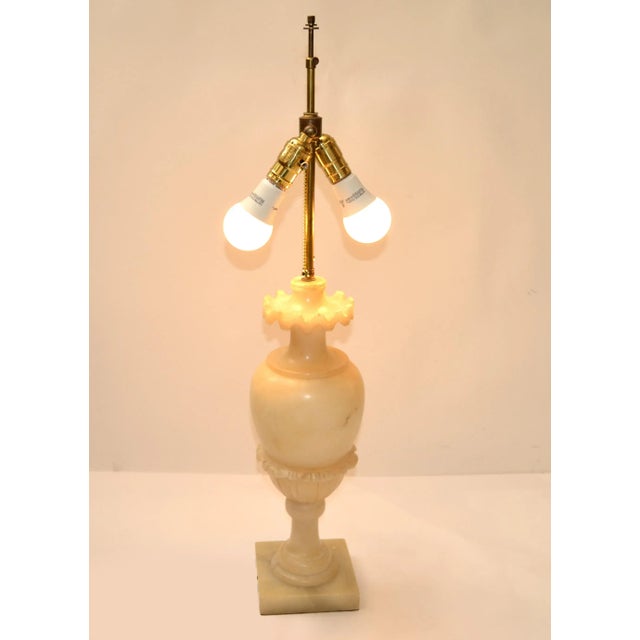 1930s Pair Art Deco Hand-Carved Alabaster Urn Shape Table Lamps Brass Double Sockets For Sale - Image 5 of 13
