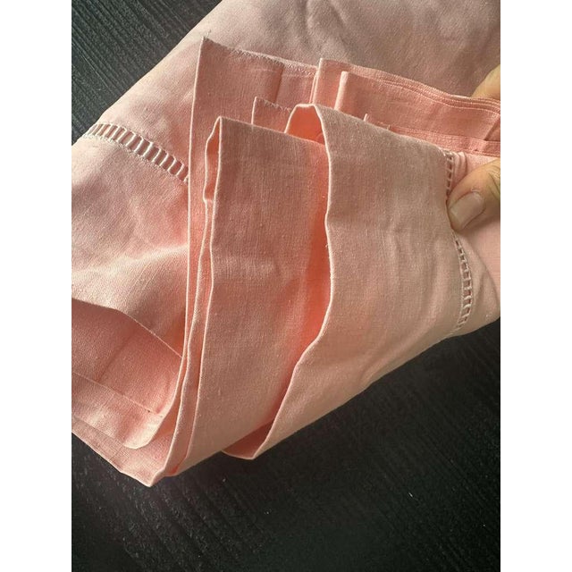 1920s Antique French Linen Sheet Blush Coral Pink Trousseau Textile Ladderwork Detail Hand Pulled Stitch 1920s Romantic Bedding Fabric For Sale - Image 5 of 11