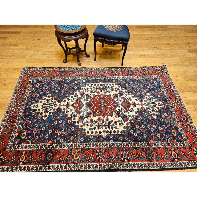 Textile Vintage Persian Bakhtiari Bibibaft Rug, Hand-Knotted Wool, Geometric Medallion Design, Vegetable Dyes, Navy & Red, 5x7 For Sale - Image 7 of 18