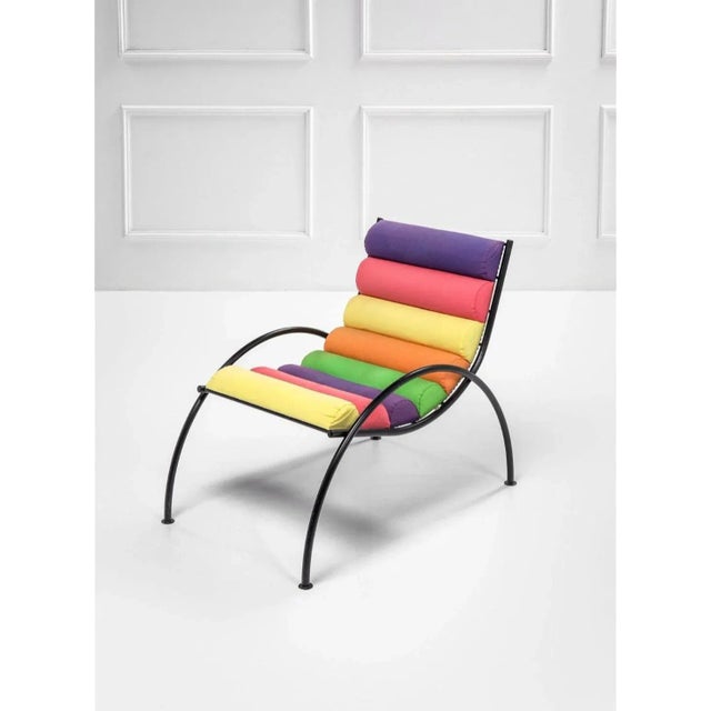 Armchair in Black Lacquered Iron with Colored Fabric Cylinders, 1980s, in Very Good conditions. Designed 1980 to 1989