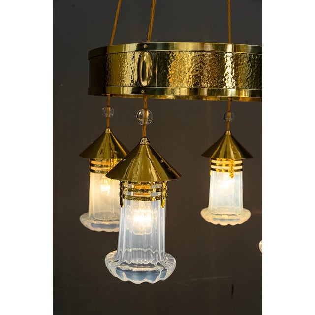 Art Deco Hammered Chandelier with Opaline Glass Shades, Vienna, 1920 For Sale - Image 15 of 18