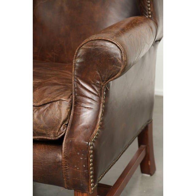 Large English Dark Cognac-colored Cowhide Leather Wing Armchairs, Set of 2 For Sale - Image 12 of 14
