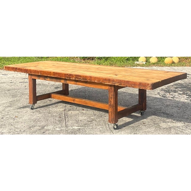 Vintage Boho Monumental Industrial Plank Dining Table on Casters For Sale - Image 10 of 12