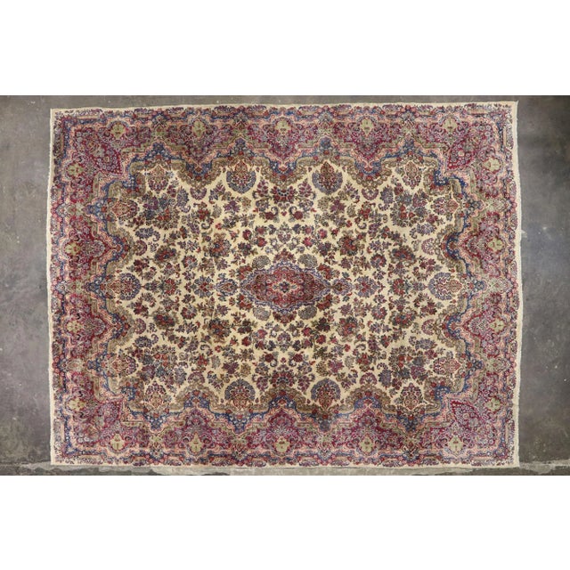 Beige Antique Persian Kerman Rug, 12'01 X 15'11 For Sale - Image 8 of 9