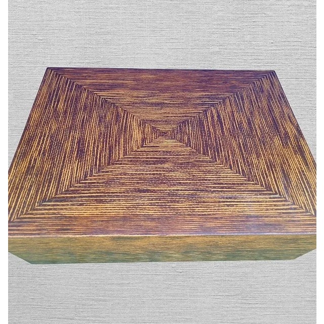 Vintage Large Rectangular Tiger Wood Veneer Plinth Tortoiseshell Coffee Table For Sale In West Palm - Image 6 of 11