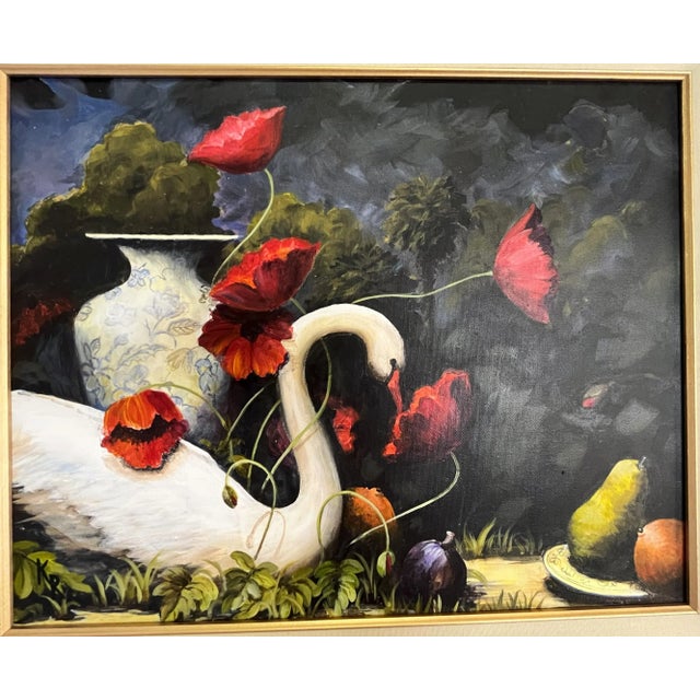 Refined signed original painting on canvas by American artist Karen Reinhart (1938-2023). Karen was a beloved art teacher,...