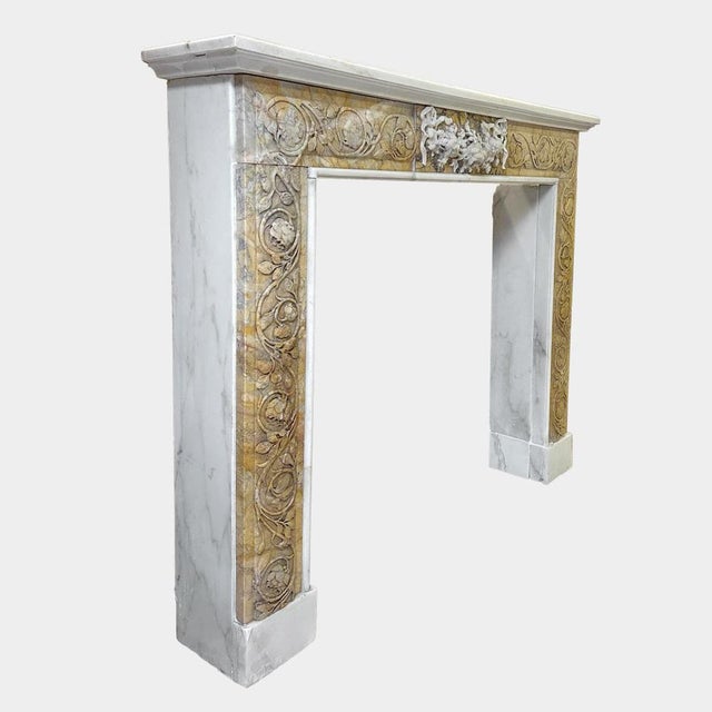 Stone Antique Italian Carved Siena and White Marble Fireplace Mantel, 1850 For Sale - Image 7 of 10