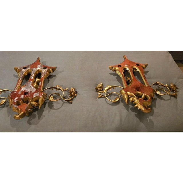Mid 20th Century Pair of Asian-style Gilded Wall Sconces For Sale - Image 9 of 11