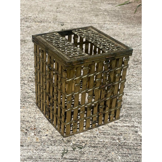 Brass Faux Bamboo Tissue Box Cover. Hollywood Regency Style Basketweave Tissue Box Cover.
