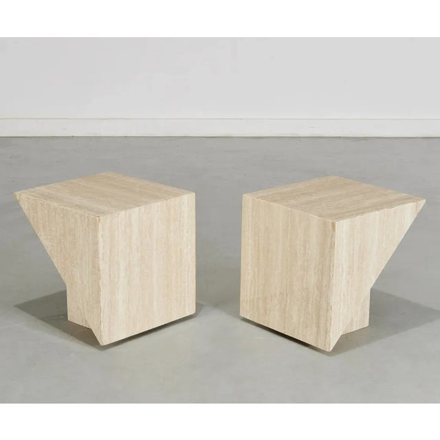 Pair of stylish Post-Modern travertine side tables, 20th c., of geometric form, 15.5"h x 15"squ Perfect for stylish homes.