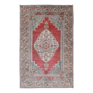 Mid 20th Century Vintage Turkish Oushak Rug With Medallion Design in Coral Pink and Light Blue For Sale