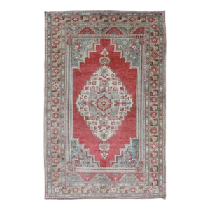 Mid 20th Century Vintage Turkish Oushak Rug With Medallion Design in Coral Pink and Light Blue