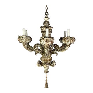 Six Light French Carved Wood Chandelier C. 1930's For Sale
