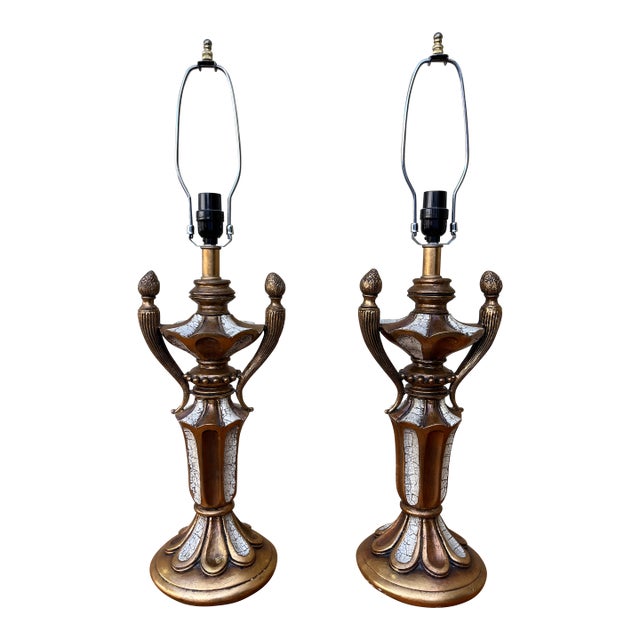 A Pair of Hollywood Regency Neoclassical Revival Style Trophy Table Lamps. Circa 1960s For Sale
