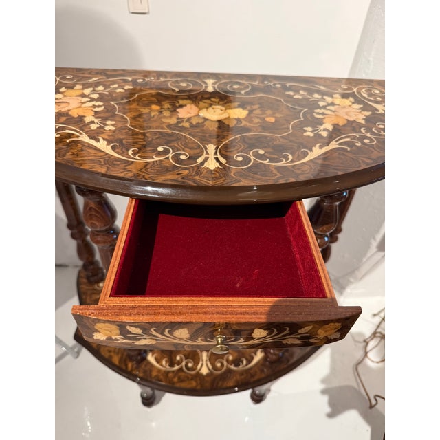 Wood Mid 20th Century Italian-Style Marquetry Inlaid Demilune Console Table With Lower Shelf For Sale - Image 7 of 7