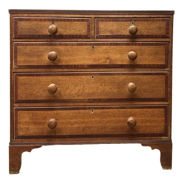 Antique English Oak Chest of Drawers With Mahogany Inlay For Sale
