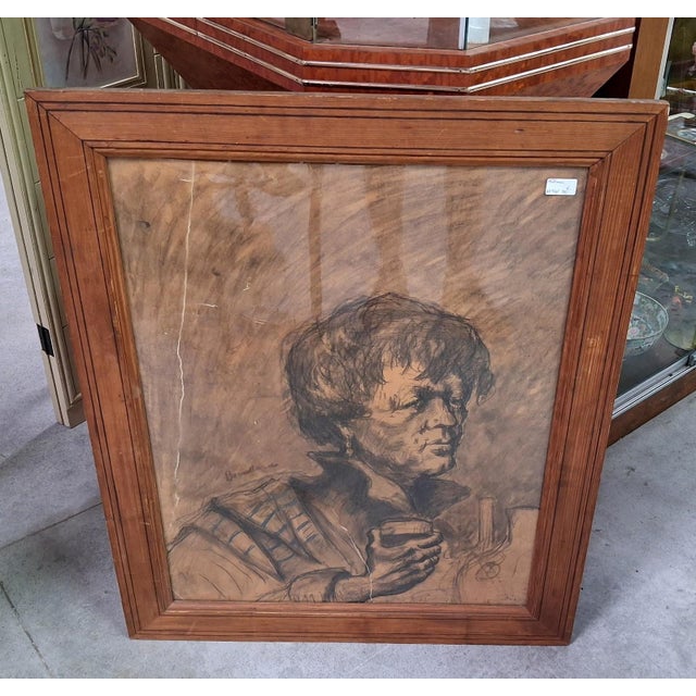 Important Charcoal Drawing on Paper Portrait of a Woman with a Glass Signed and Dated 1947, 1920s, Charcoal, in Good...