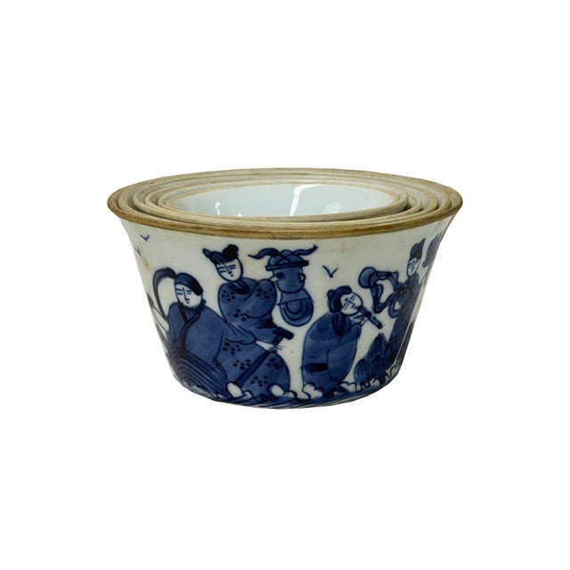 1970s Vintage Set of 6 Small Blue White Figural Graphic Porcelain Bowls For Sale - Image 5 of 7