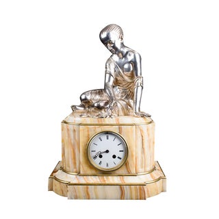 Empire Mantel Carriage Clock Onyx and Silver Plate Female Figurine, 1920s For Sale