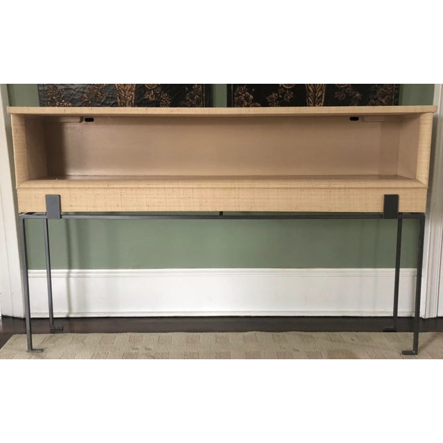 Industrial Raffia Covered Bookcase on Custom Iron Base For Sale - Image 11 of 11