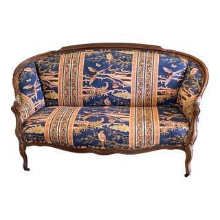 Early 20th Century Antique Navy Chinoiserie Print Upholstered Settee For Sale