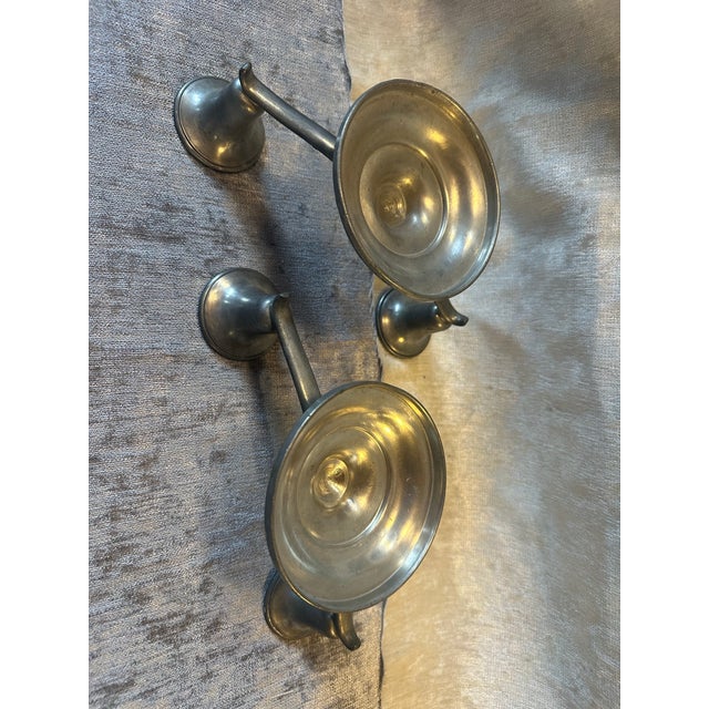 Art Deco Set of 2 Pilgrim Pewter Candelabras, Early 20th Century For Sale - Image 3 of 5