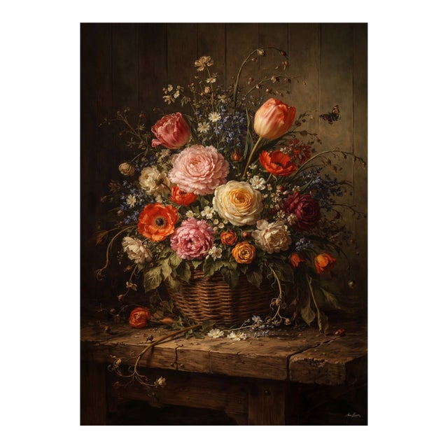 Atelier Aria Lumae Abundant Flemish Basket Floral Still Life Grand 27 by 38 Board Print For Sale