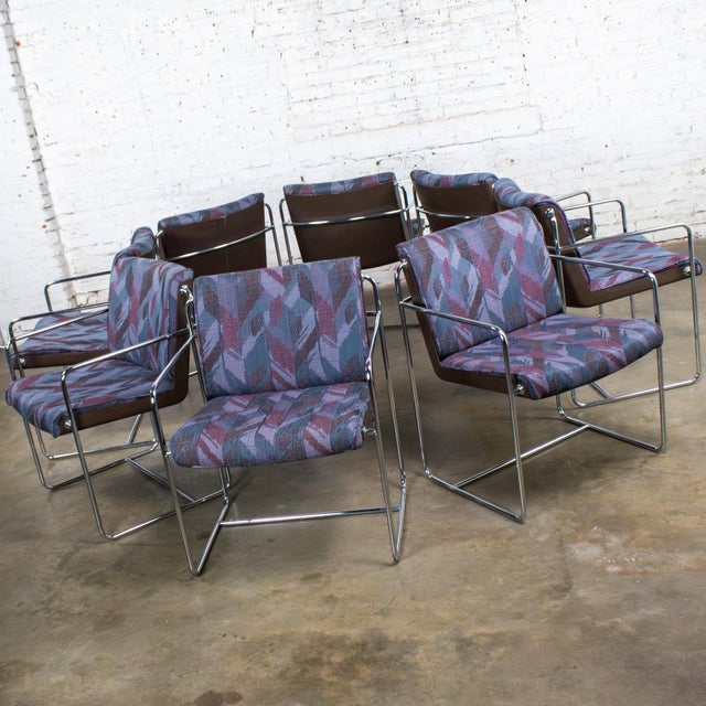 Late 20th Century Modern Krueger Set 8 Dining Armchairs Chrome Steel Rod Frames & Geometric Fabric For Sale - Image 18 of 18