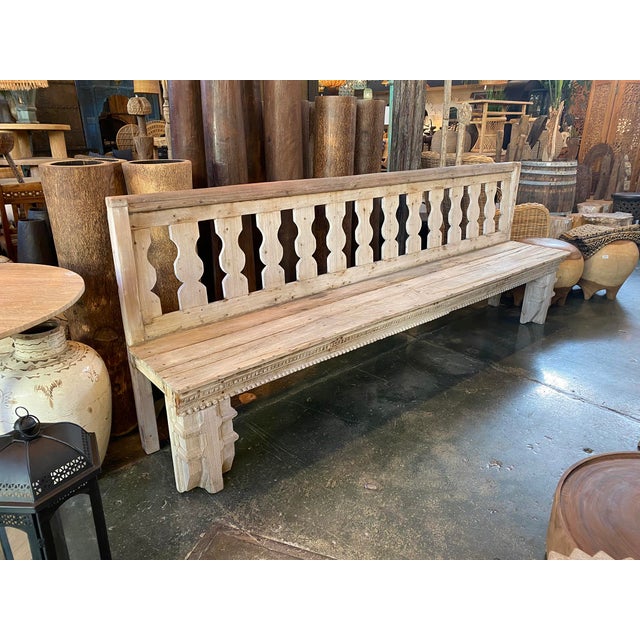 Vintage Long Banister Indian Farmhouse White Wash Bench For Sale - Image 10 of 10