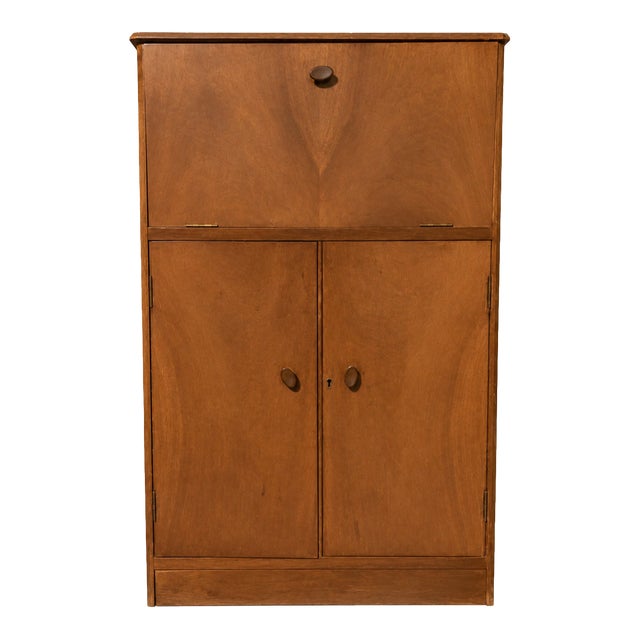 DESCRIPTION: Beautiful Mid-Century Modern English cocktail cabinet featuring warm walnut-toned wood, clean minimalist...