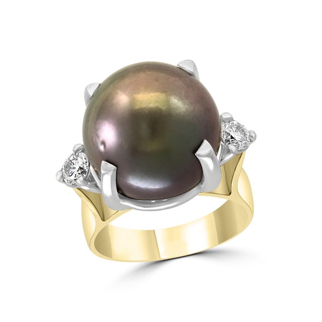 Black Tahitian Pearl and Diamond Cocktail Ring 18 Karat Gold/Platinum For Sale - Image 4 of 18