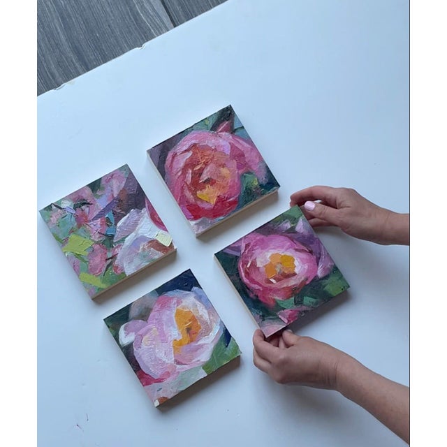Four Peonies by Yana Beylinson | Oil on panel (polyptych) Oil painting of four peonies. For Sale - Image 4 of 5