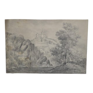 French School From the End of the 19th Century. Pencil Drawing “the Church at the Top of the Hill” For Sale