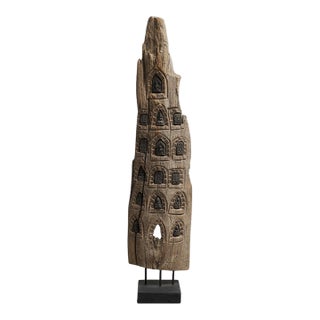 Antique Driftwood Carving With Inlaid Terracotta Buddha Votives For Sale