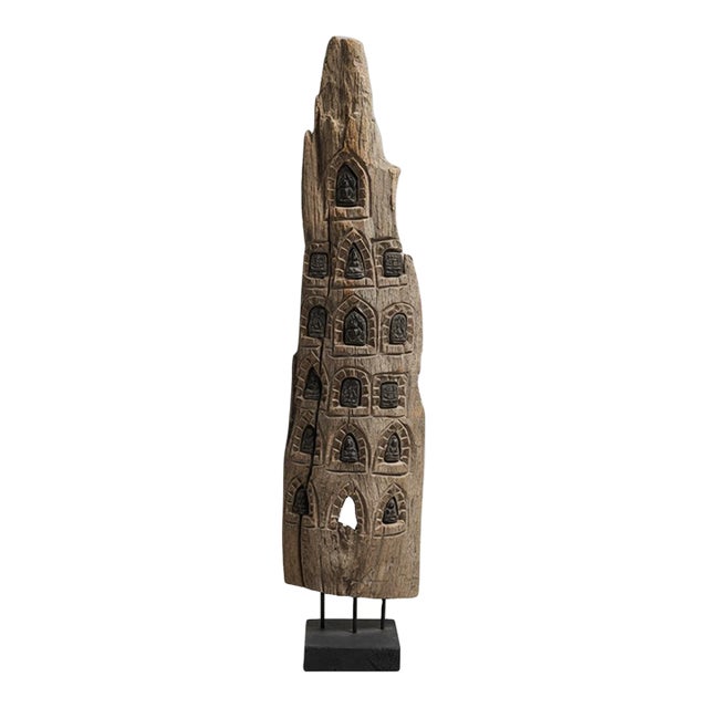 Antique Driftwood Carving With Inlaid Terracotta Buddha Votives For Sale
