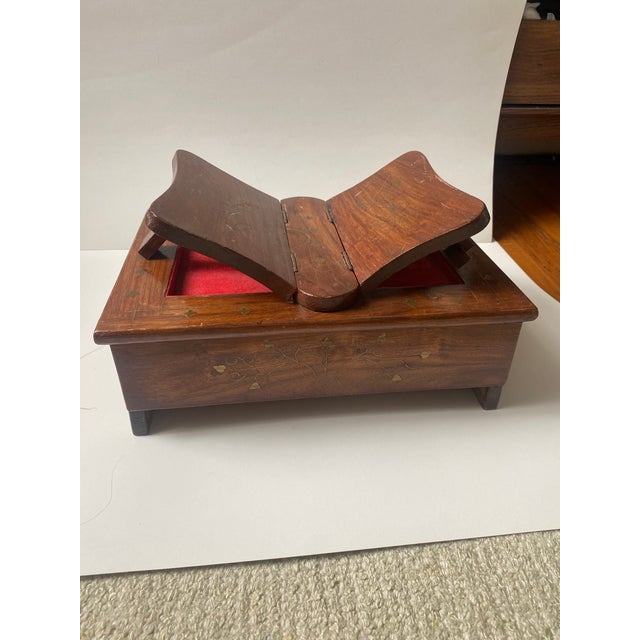 Antique Wood/Brass Inlay BIBLE BOX Floral Print The interior is red velour.